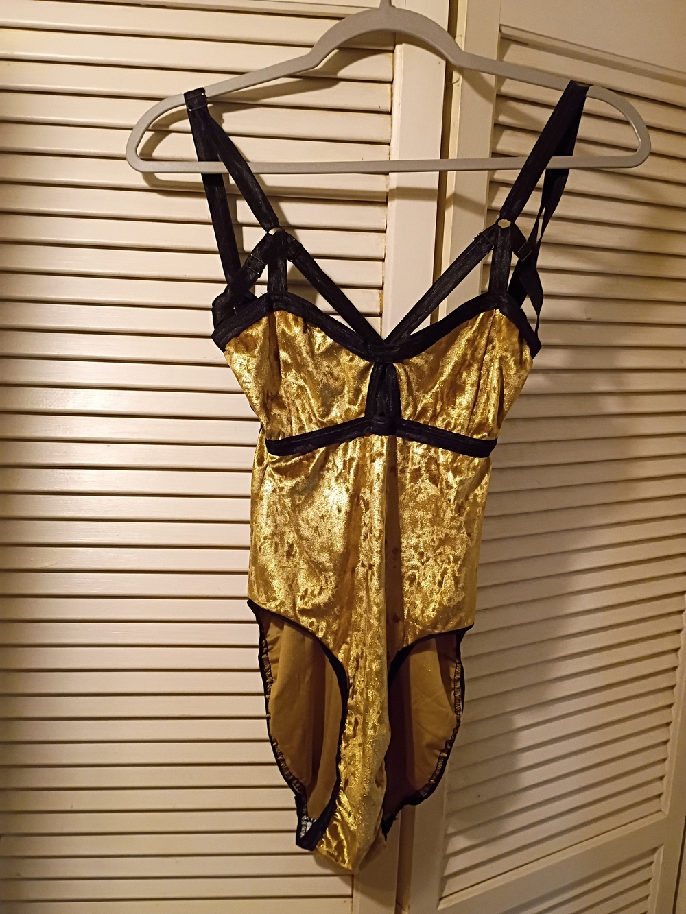 Solstice Gold and Black Strappy Velvet Bodysuit Large
